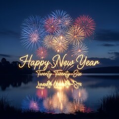 Happy New Year Twenty Twenty Six Fireworks Lake Reflection