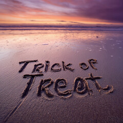 “Trick or Treat” Hand-Written in Damp Sand with Thin Realistic Grooves and Pastel Highlights – ideal for holiday greetings