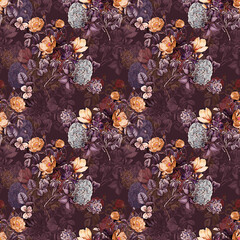 Floral Background Color Pattern Image Cute Graphics Digital Vintage Colour.Tropical seamless pattern background with exotic flowers, palm leaves, jungle leaf, hibiscus, orchid flower