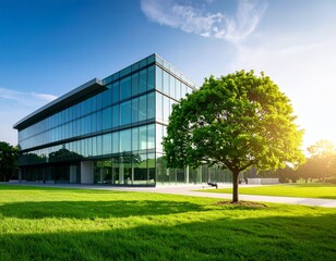 Fototapeta premium Sustainable glass office building with tree for reducing heat and carbon dioxide