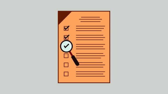 Animation of a checklist document with a magnifying glass ensuring perfection, suitable for business presentations and project management materials.