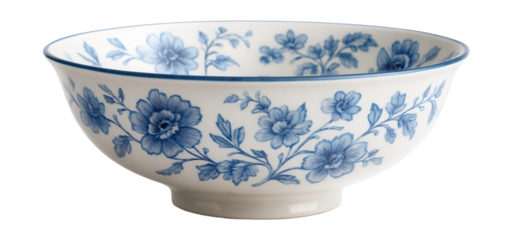 A shallow porcelain salad bowl with blue floral designs, perfect for cottage-style dining.
