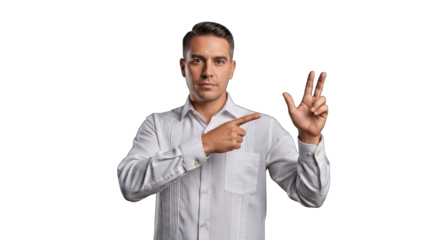 Man in white shirt showing three fingers isolated on transparent background man pointing