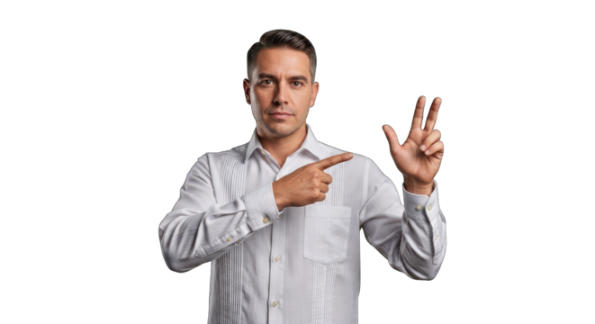 Man in white shirt showing three fingers isolated on transparent background man pointing