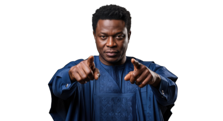 African man in traditional blue clothing pointing finger isolated on transparent background man pointing