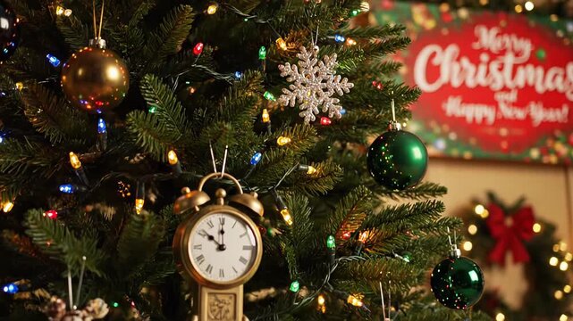Old fashioned clock decoration hanging from a festive Christmas tree, marking the final moments before the arrival of the New Year or the stroke of midnight on Christmas Eve