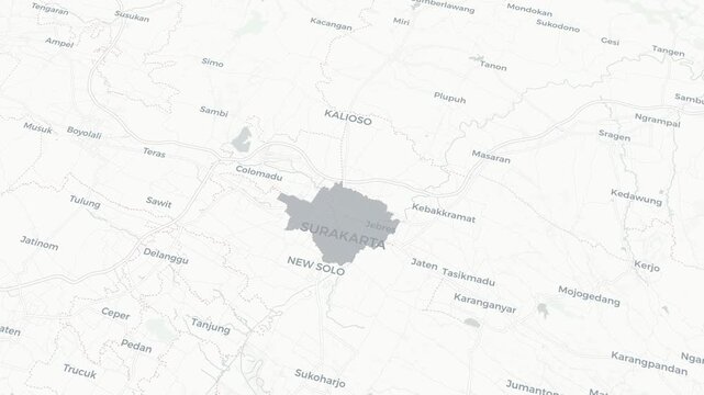 Map of the Surakarta (Solo) Region, Central Java, Indonesia, Detailed Topographic Depiction of the Surakarta Area, Showing Cities, Towns, and Terrain
