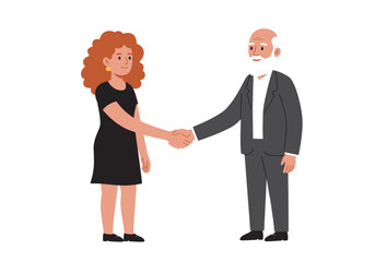 Young Woman and Senior Man Shaking Hands in Agreement.