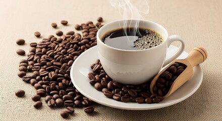 Obraz premium Aromatic cup of coffee beside roasted beans and wooden scoop, ideal for coffee ads or breakfast visuals