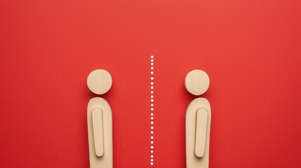 Two wooden figures stand on either side of a dotted line, symbolizing separation or distance against a vibrant red background.