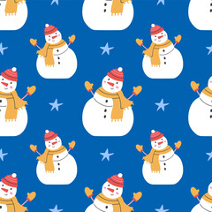 Christmas seamless pattern with snowmen on a blue background