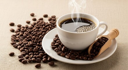 Fototapeta premium Hot steaming coffee in a ceramic cup with scattered beans, perfect for cozy mornings and café themes