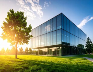 Obraz premium Sustainable glass office building with tree for reducing heat and carbon dioxide