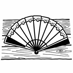 Illustration of an open hand fan with decorative edges resting on a wooden surface with visible grain