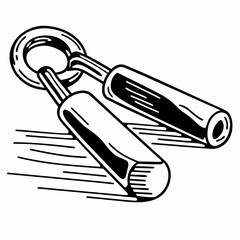 Illustration of two metal handles connected by a ring with line details and cast shadows depicted