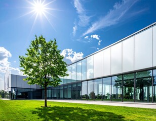 Obraz premium Sustainable glass office building with tree for reducing heat and carbon dioxide