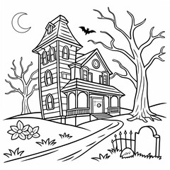 Haunted House and Cemetery Coloring Page, Black and white line art illustration of a spooky haunted house with creepy trees, flying ghosts, and a graveyard in the foreground.