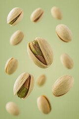 Pistachio rain on a soft pistachio-green pastel background. Healthy snack concept for nutrition, wellness and food ads
