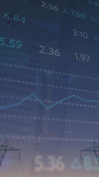 Animation of financial data processing over electric pylons in countryside