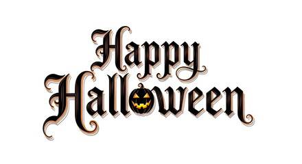 Happy halloween text with a carved pumpkin face isolated on white background