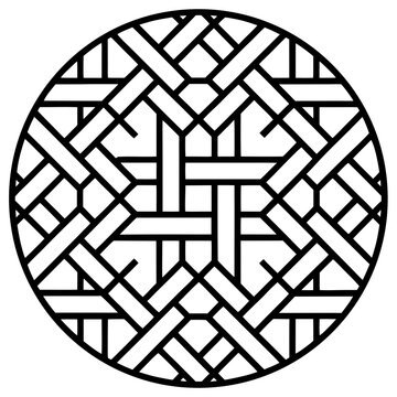 Circular geometric pattern featuring interlocking lines and shapes creating a visually appealing and symmetrical design