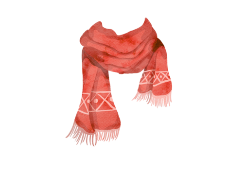 Watercolor illustration of red knitted scarf for winter. 
