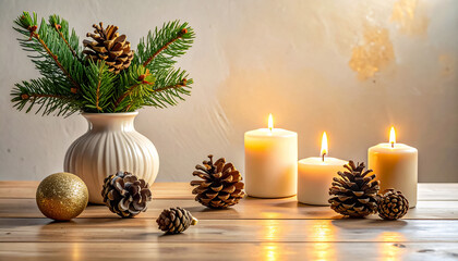 Christmas ornaments, pine cones and candles on wooden table, soft golden light, no people