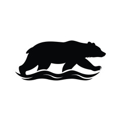 Silhouette of a bear walking through water with waves illustration vector art, bear swimming silhouette vector illustration