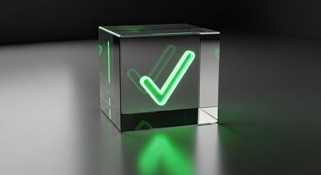 Transparent cube with a bright green check mark inside symbol of approval
