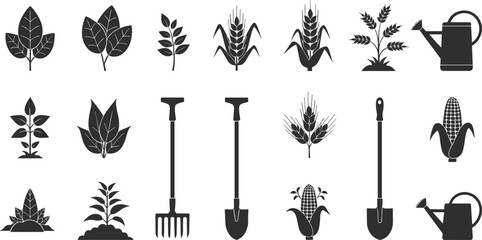 Agriculture and farming tools icon set, plant and leaf silhouette, gardening shovel, rake, corn and wheat vector illustration