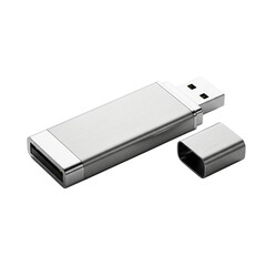 Silver usb flash drive isolated on transparent background for data storage and transfer