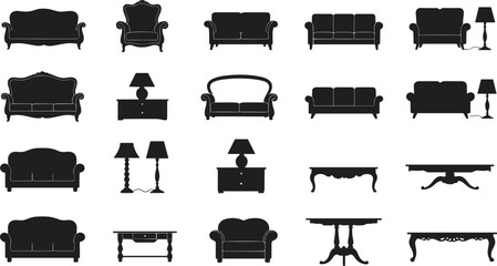 Classic furniture silhouette set, sofa couch chair lamp table icons, interior home decor vector illustration, vintage and modern design elements