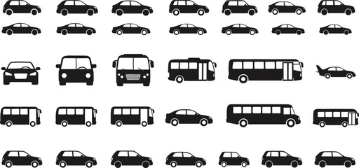 Car and bus silhouette collection, transportation icon set, vehicle vector design, automobile and public transport graphic, black city traffic illustration