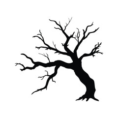 Silhouette of a large old tree with bare branches against white background, dead gnarled branch silhouette vector illustration