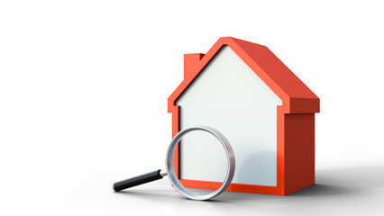 Magnifying glass with house on a isolated background. Concept of relocation, mortgage, apartment, home search and real estate rent. Banner template with copyspace.