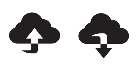 Black cloud upload and download icons side by side representing data transfer, file sharing, online storage, and digital communication. Perfect for web, app, or technology interface design use.
