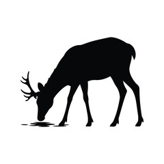 Silhouette of a graceful deer drinking water from a tranquil pond, deer drinking water silhouette vector illustration