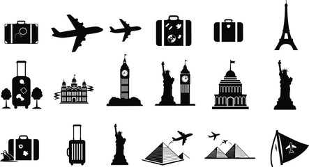 Travel and landmark icons collection with airplane, suitcase, Statue of Liberty, Big Ben, Eiffel Tower, pyramids, tourism and vacation symbols.