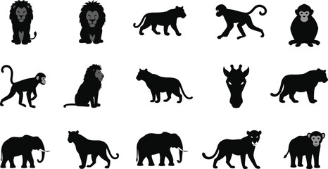 Wild animals silhouette collection, lion monkey elephant giraffe vector icons, African wildlife design set for safari and nature illustration