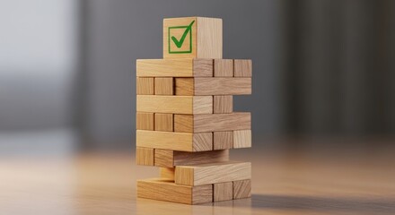 Wooden block tower game with checkmark on top symbolizing success