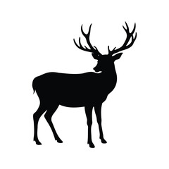 Majestic Stag Silhouette with Intricate Antlers Against a Clean White Background, deer with antlers in profile silhouette vector illustration
