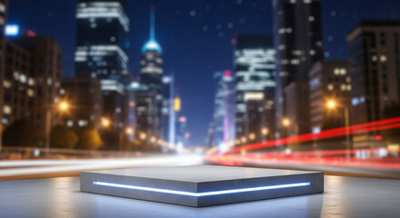 Obraz premium Product display podium stand in city at night for marketing and advertising