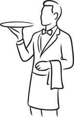 Waiter with tray — minimalist line art illustration