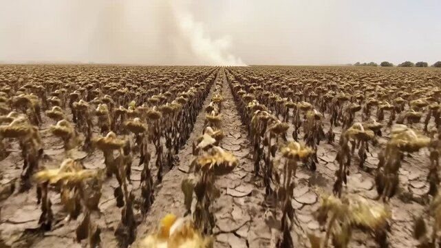 A field of dried, wilted sunflowers stands on cracked, parched earth under a dusty, hazy sky, indicating drought