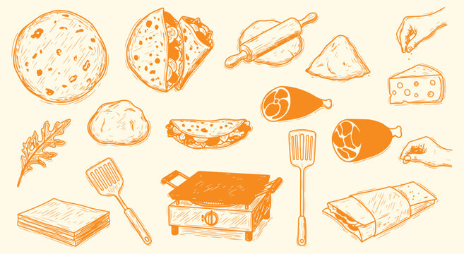 Piadina. Italian Street Food. A hand drawn vector sketch set of piadina flatbread and ingredients for a restaurant menu, a food truck's branding, a recipe, or a culinary design.