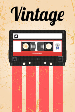 Vintage Cassette Illustration with Retro Stripes and Grunge Texture
