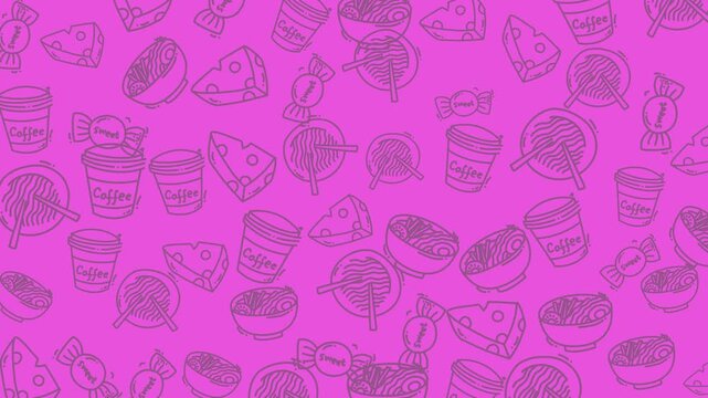 Playful seamless pattern featuring hand-drawn doodles of fast food items such as pizza, burgers, and drinks on a bright pink background. Perfect for packaging, wallpaper, or textile design.