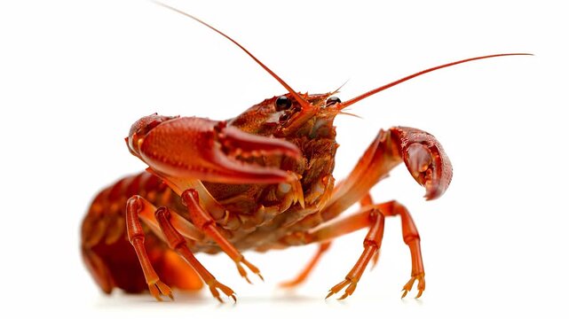 The crayfish displays its orange shell with prominent claws in a bright setting. The crayfish features detailed antennae, and the orange shell stands out starkly.