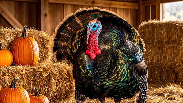 Majestic male turkey displaying its shimmering feathers in a barn setting. Cozy fall atmosphere with hay stacks and pumpkins, perfect for Thanksgiving celebrations