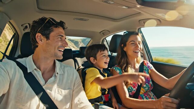 Smiling family on a sunny coastal road trip, with the mother driving and the son pointing at the beautiful ocean vista